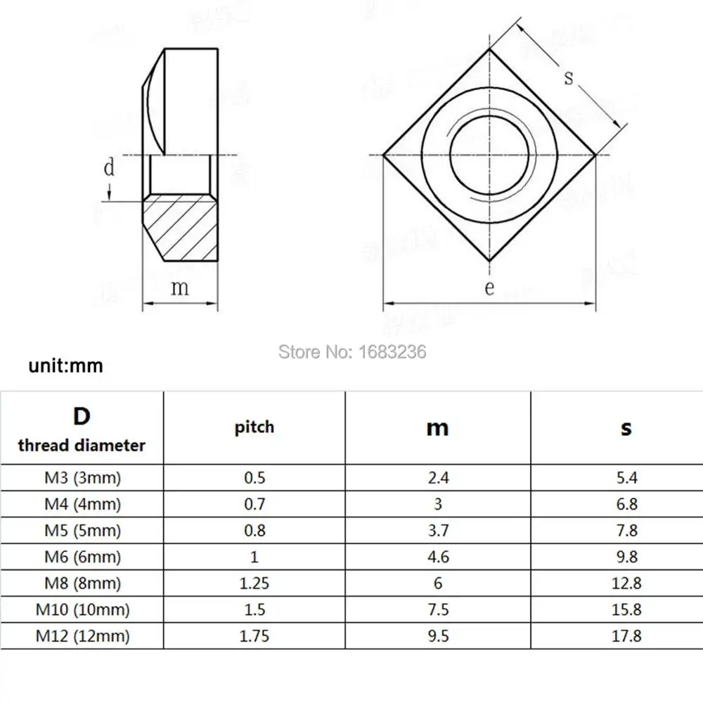 HZYUEGOU 20/50/100 Stück M3 M4 M5 M6 M8 M10 M12 DIN557 GB39 304 A2-70 Edelstahl Metrische Gewinde-Quadratmutter – Detail 1