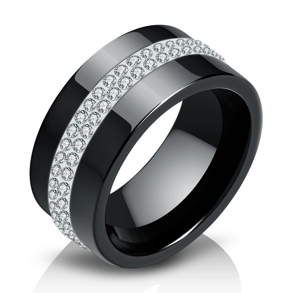 New 10MM Black and White 2 Row Crystal Ceramic Rings Women Engagement Promise Wedding Band Gifts For Women