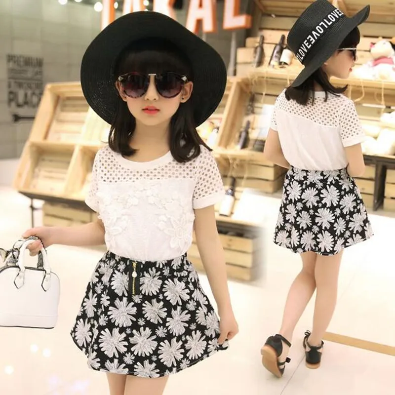 

2018 Girls Dress Summer Spring Short Princess Dress Casual O Neck Girl Party Dress Fashion Cute Floral 2pcs Kids Girls Clothes