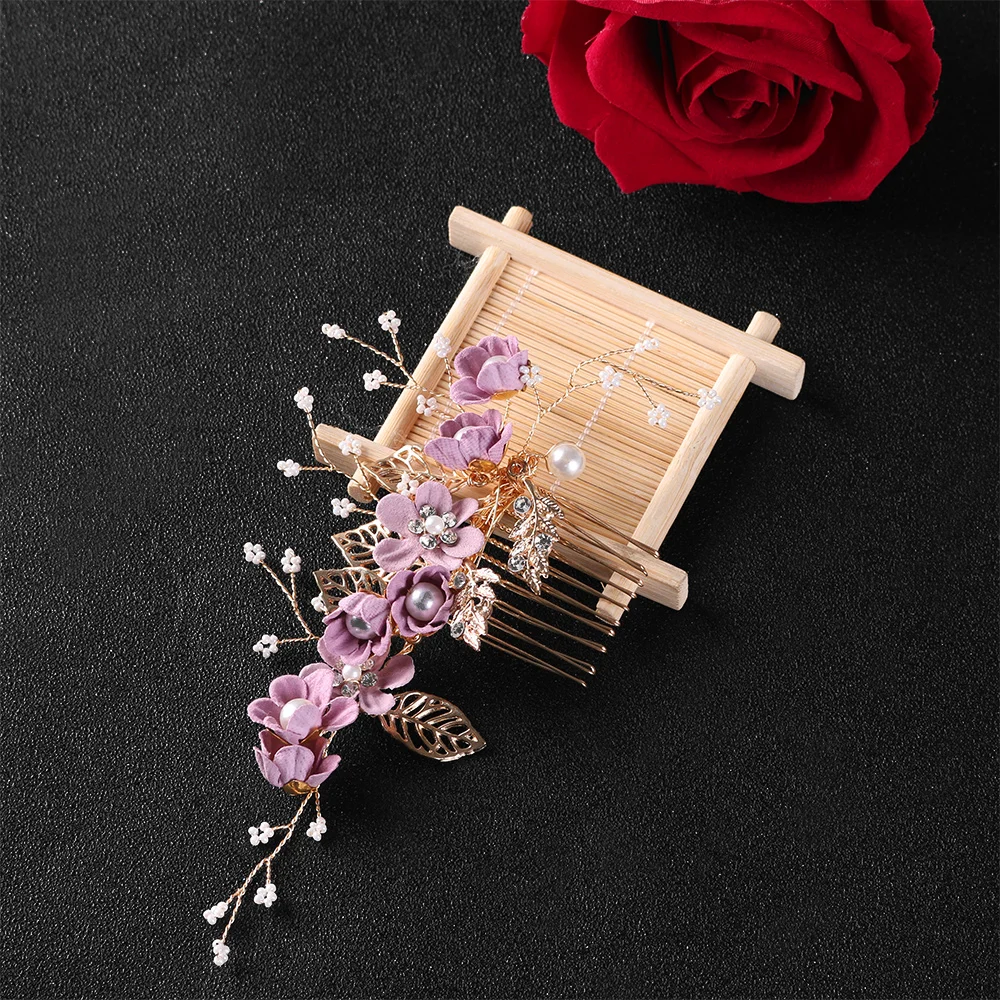 1Pc Fashion Luxury Blue Flower Hair Combs Headdress Prom Bridal Wedding Hair Accessories Gold Leaves Hair Jewelry Hair Pins