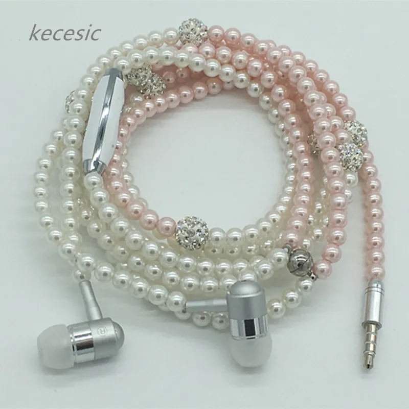 Fashion Bling Diamond Pearl Necklace Earphone 3.5mm Plug In-ear Hi-Fi Wired Stereo headset With Mic kecesic  For Smart Phone