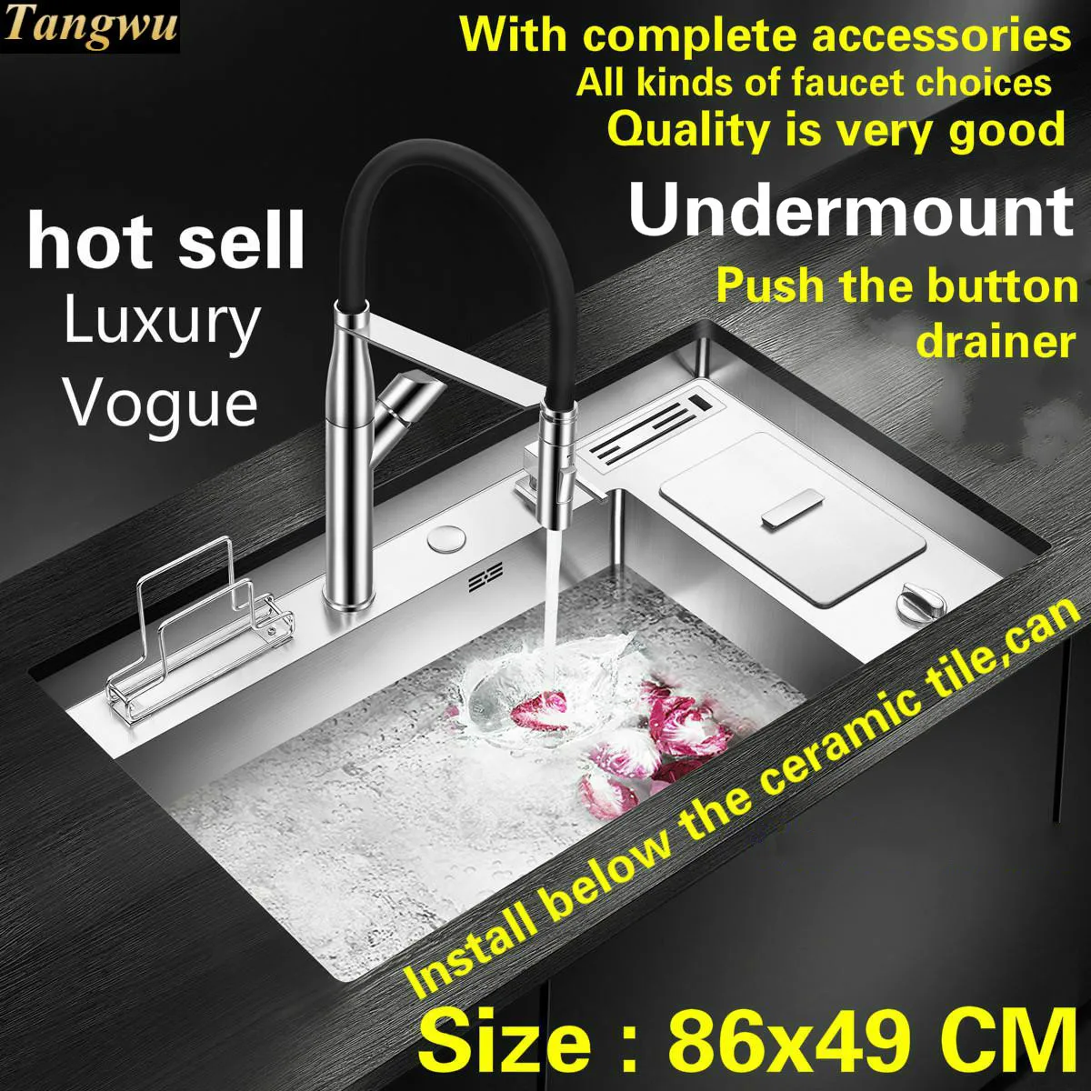 

Free shipping Hot sell standard push the button - drainer luxury kitchen manual sink single trough big stainless steel 86x49 CM