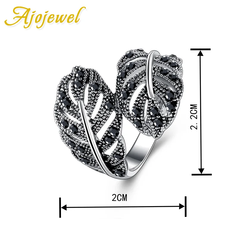 Ajojewel Retro Black Rhinestone Leaf Ring For Women Size 7-9 Fashion Hand Jewelry Vintage Collection Bijoux