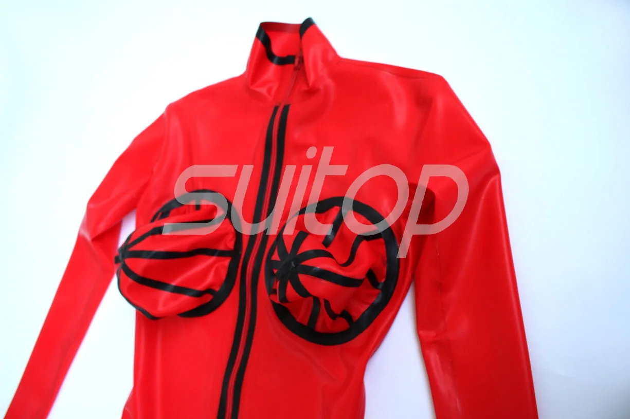 Men's latex rubber bodysuits inflatable bust with back to crotch zip in high quanlity level in red and black trim