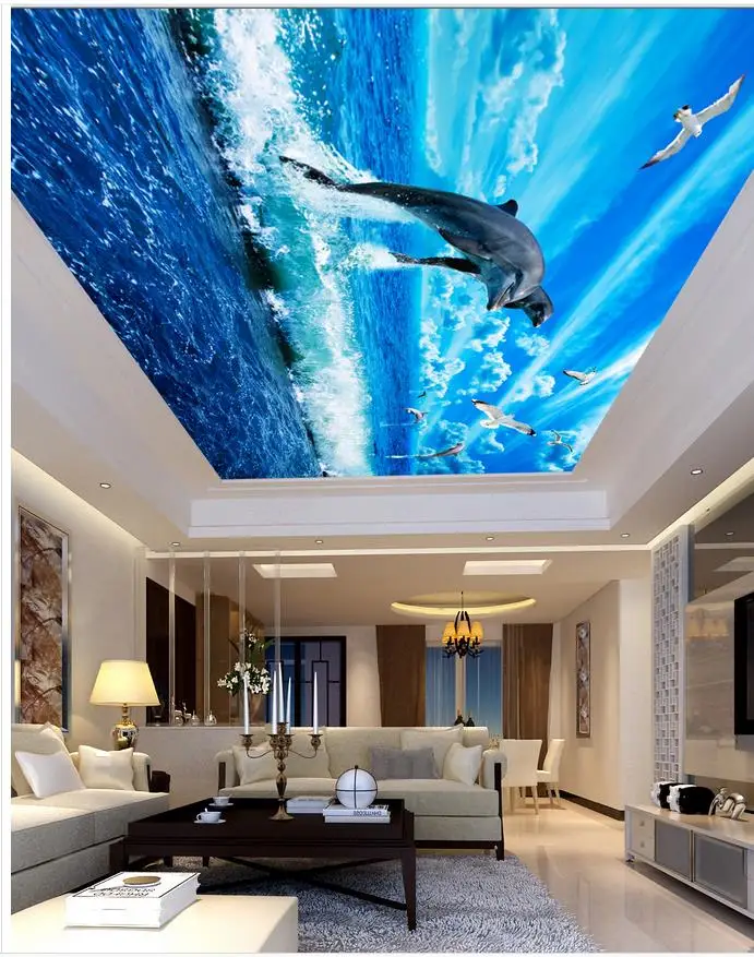 Dolphin sea blue sky ocean ceiling Custom 3d mural wallpaper papel de parede Home Decoration