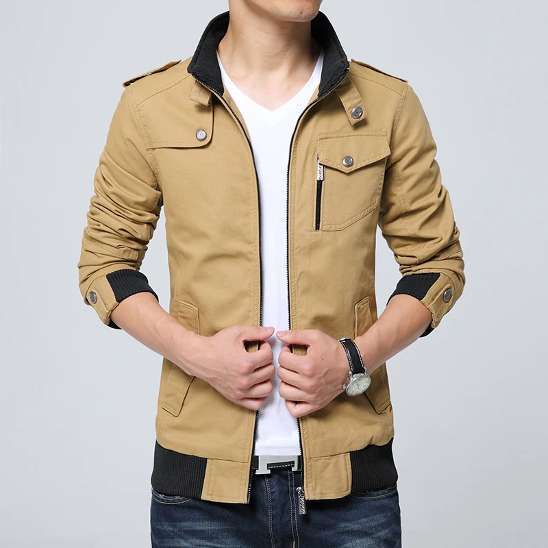 Spring Autumn Mens Solid Flight Army Green Bomber Jacket Men's Rib Sleeve Zipper Short Air Force  Coats khaki Clothing