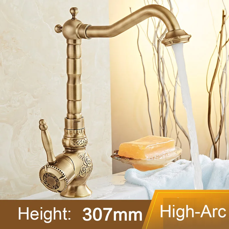 

Bathroom Sink Lavatory Faucet, Vessel Antique Finish Tall Spout Cold, Basin Faucet Basin Copper Mixer Taps, Classical Art Carved