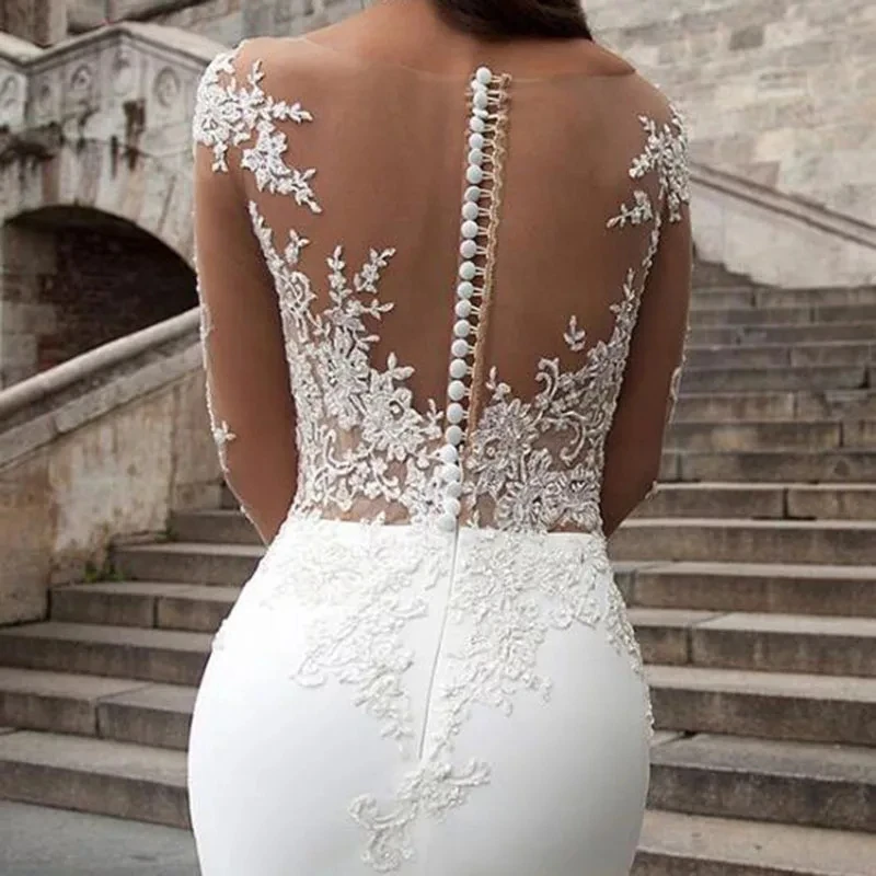 Tay Dài Vỏ Áo Cưới Ảo Ảnh Corset Ren Appliqued Cài Nút Sau Lưng Áo Dài Cô Dâu Cưới Dân Sự Chất Lượng Cao