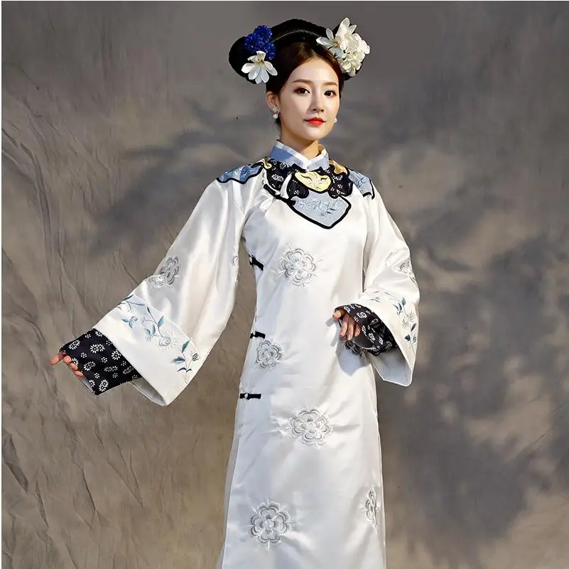 women elegant cheongsam dress TV Play performance wear Qing Dynasty Princess Costume White Embroidery Theatrical Robe