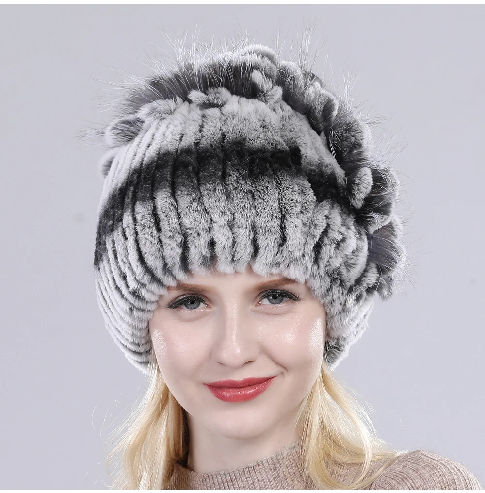 Neue Russische Damen Echt Rex-Kaninchenfell Mützen Luxuriöse Gestrickte Blumen Echte Rex-Kaninchenfell Kappe Winter Echt-Fell Beanie Mütze – Detail 21