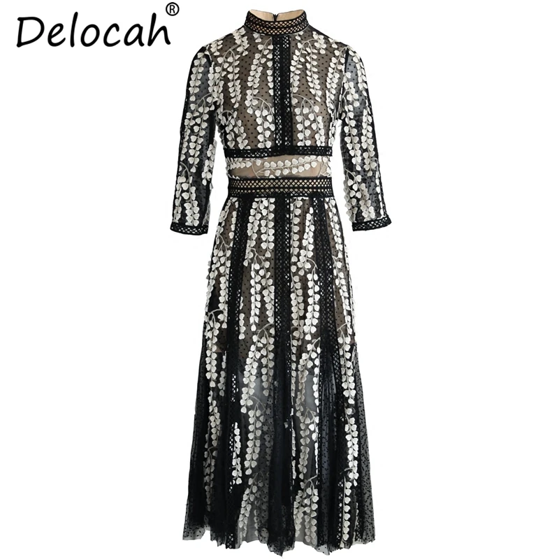 Imagem -06 - Delocah Vestido Feminino de Verão Estiloso de Passarela Designer de Meia Manga Lindo Apliques com Estampa Pontilhada até a Panturrilha Vestidos Slim para Escritório