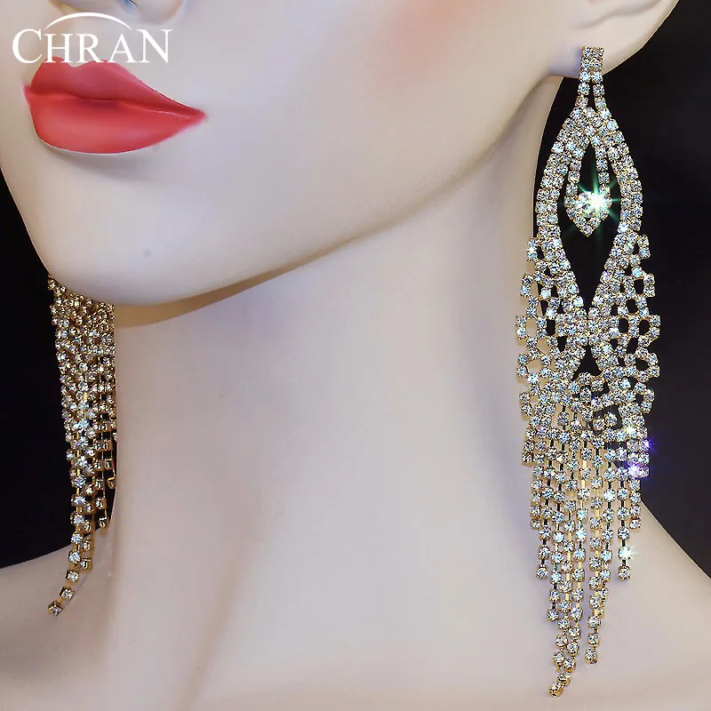 CHRAN Gold Color Rhinestone Chandelier Dangle Long Tassel Earrings for Women Ladies Jewelry Statement Wedding Earrings For Bride