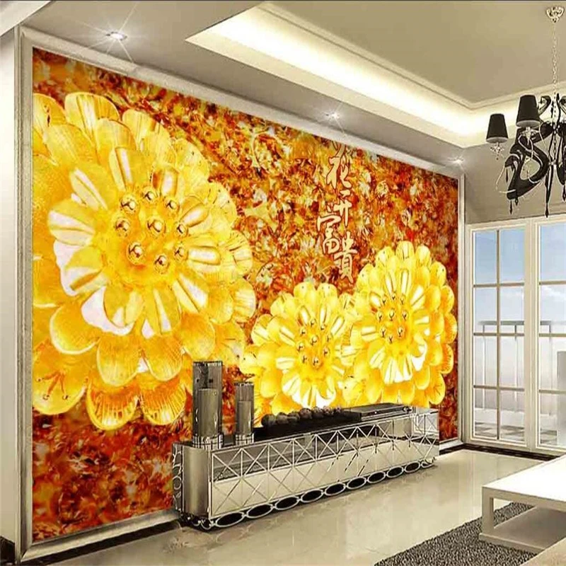 

beibehang 3d gorgeous golden jewelry blooming rich TV background wall custom large fresco green wallpaper papel de parede