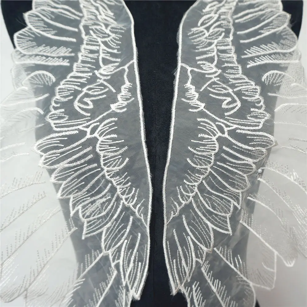 2PCS White Fabric Feather Wings Wedding Gown Appliques Embroidered Lace Collar Sew On Patches For Dress DIY Decoration