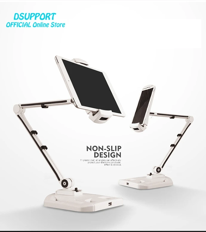 360 Full Rotation Foldable Aluminum Alloy 4.7-12.2 inch Tablet PC Holder/Smartphone Holder Stand with USB Port Charger Big Base