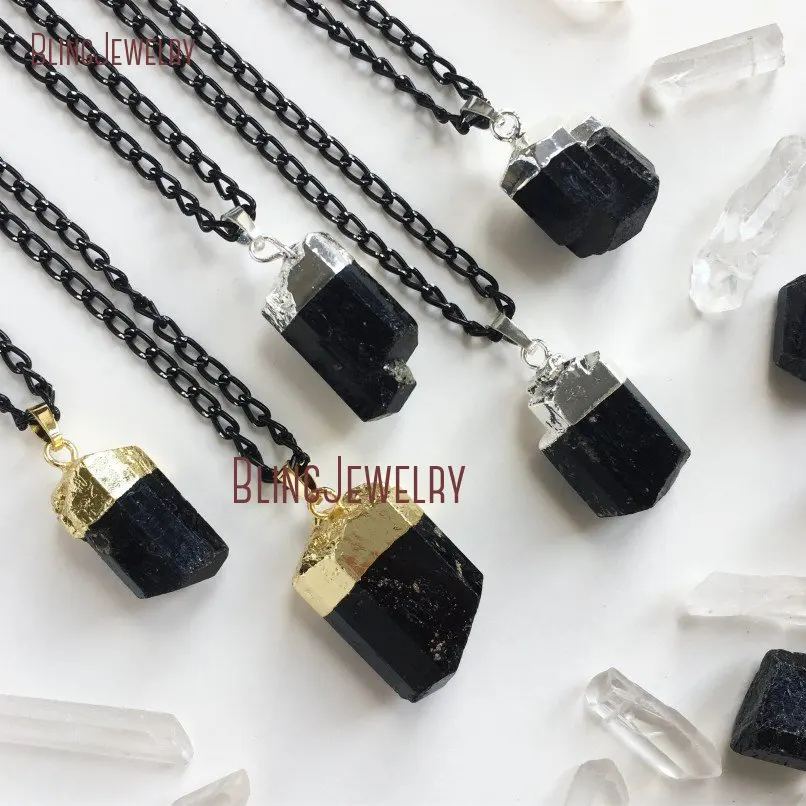 

Gold Silver Plated Dipped Black Tourmaline Necklace Raw Drop Rough Natural Layering Chain Goth Gothic NM24541