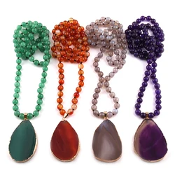 Fashion Bohemian Tribal Jewelry 8mm Stones Long Knotted Stone Agat Drop Pendant Necklaces Sweater Chain