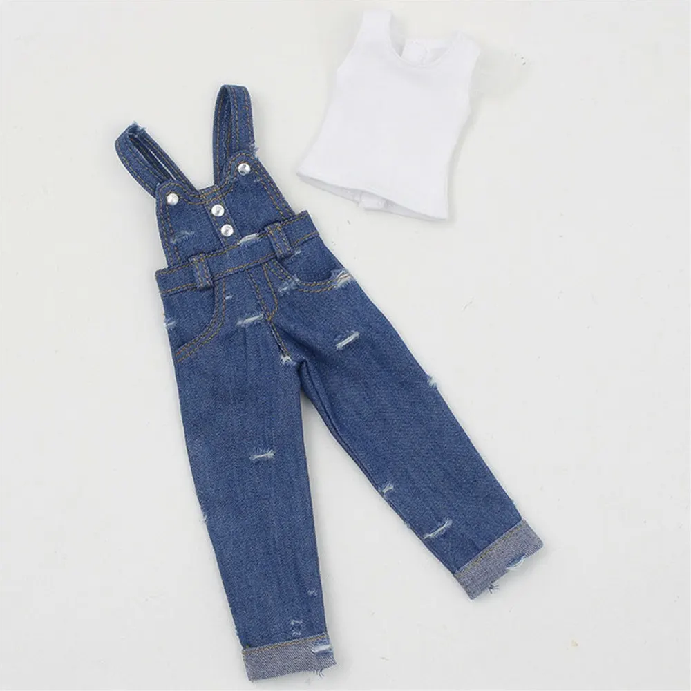 Dbs blyth roupas de boneca para renda branca com jeans azul, ideal para 1/6 bjd corpo comum gelado, jecci five