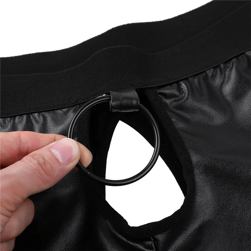 Novelty Mens Lingerie Panties Gay Sex Soft Shiny Leather Open Crotch Shorts Underwear Open Butt boxer Shorts with Front Hole