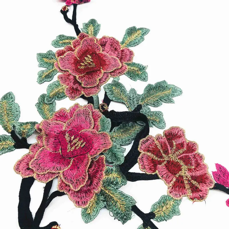 Embroidered 3D Peony Flowers Leaves Sew Patch Collar Trimmings Applique For Wedding Dress Clothes Decor DIY Crafts