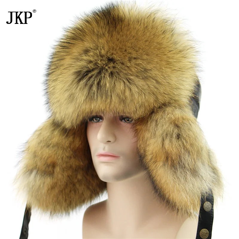 

2024 Genuine Fox Fur Men's Hats Natural Raccoon Fur Lei Feng Bomber Ushanka Real Leather Russian Winter Warm Hats