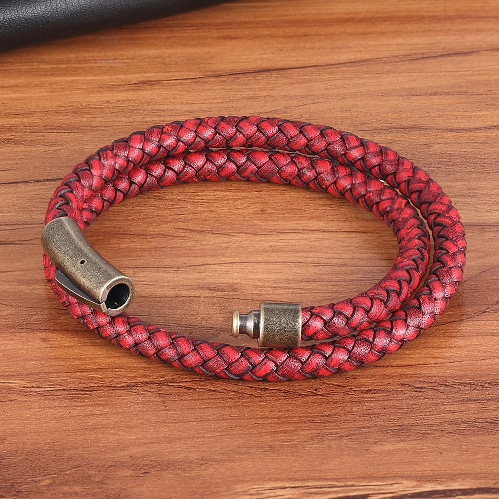 XQNI Perfect Design Double Layer Vintage Steel Buckle Geometric Braid 6mm Leather Bracelet Men Women Fashion Birthday Gift