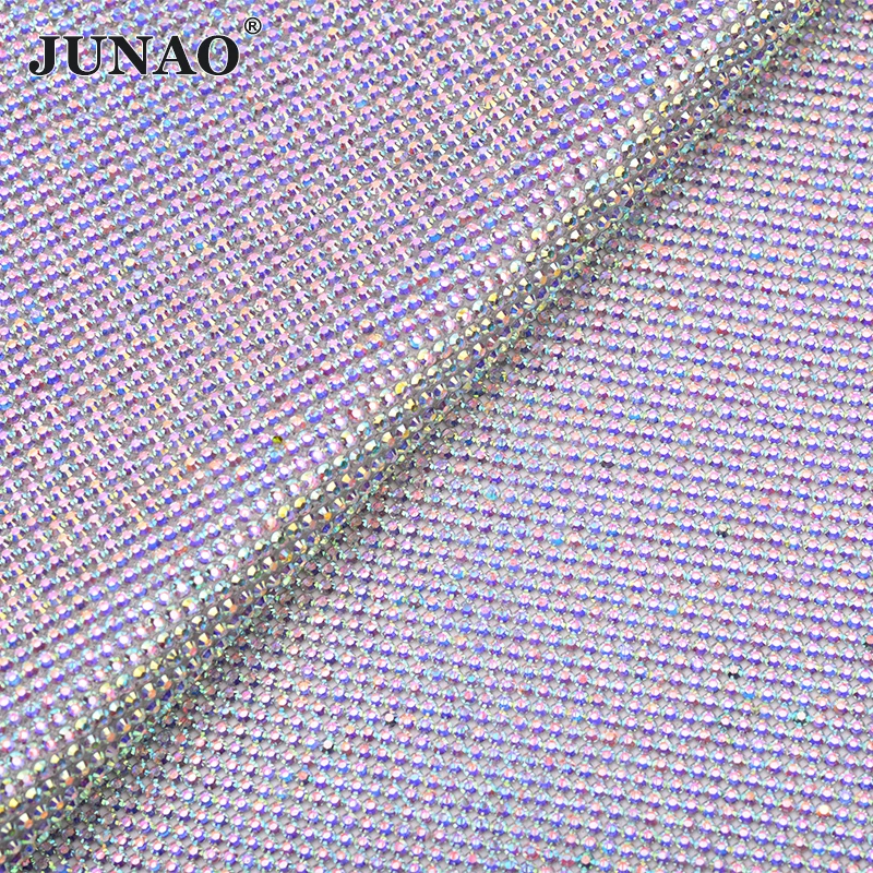 JUNAO SS6 Self Adhesive Pink AB Rhinestone Trim Mesh Fabric Decoration Crystal Ribbon Tape Diamond Strass Applique DIY Crafts