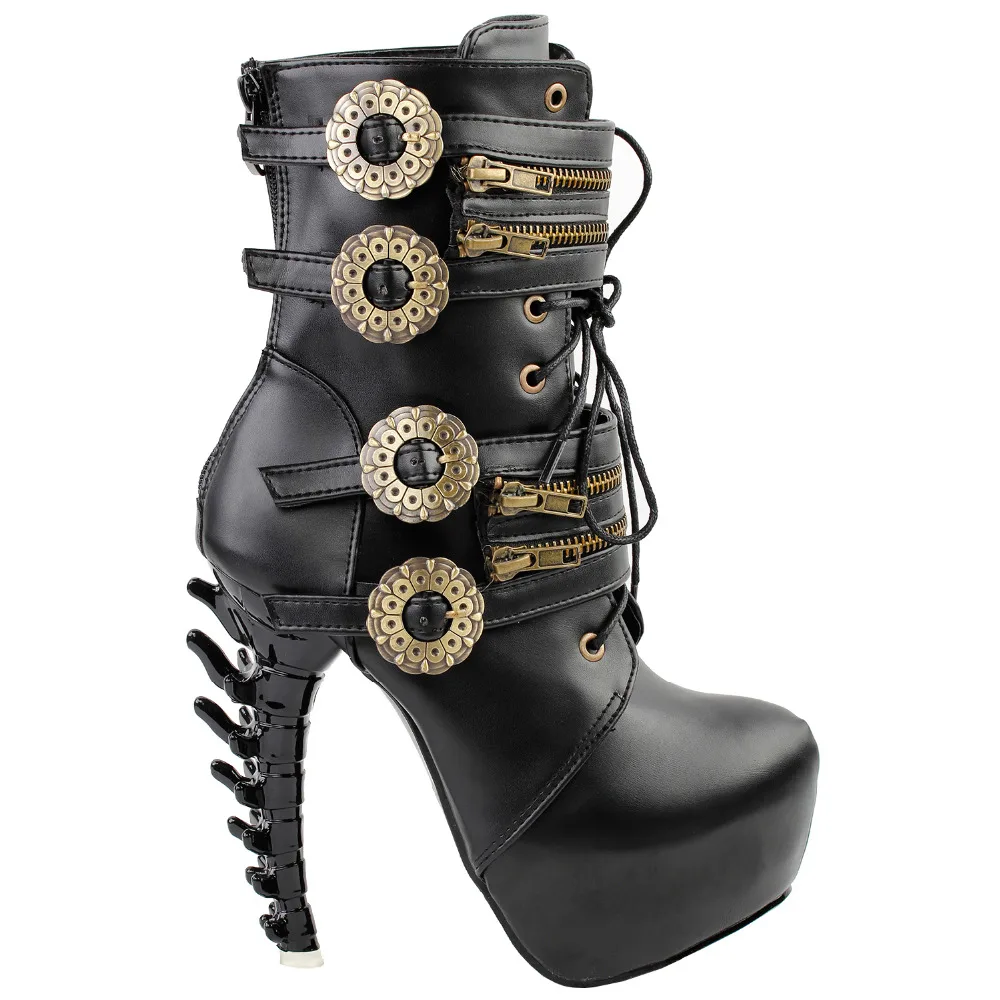 LF80651 Punk Design Zipper Women\'s High-top Bone High Heel Platform Ankle Boots Black