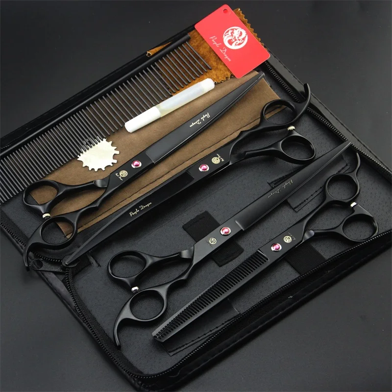 Professional Pet Dog Grooming Scissors 8.0 inch Hair Cutting + Thinning + Curved Shears 440C Straight Scissors 4 PCS Set + Case