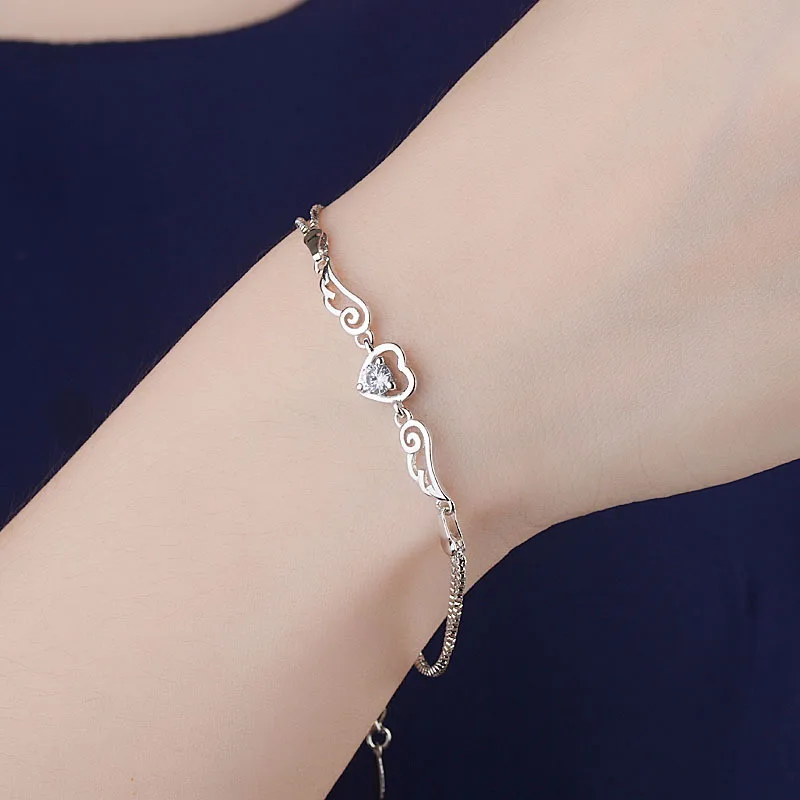 Double Angel Wings Heart Charm Bracelets For Women Fashion Crystal jewelry with purple white crystal hand chain bangle gift