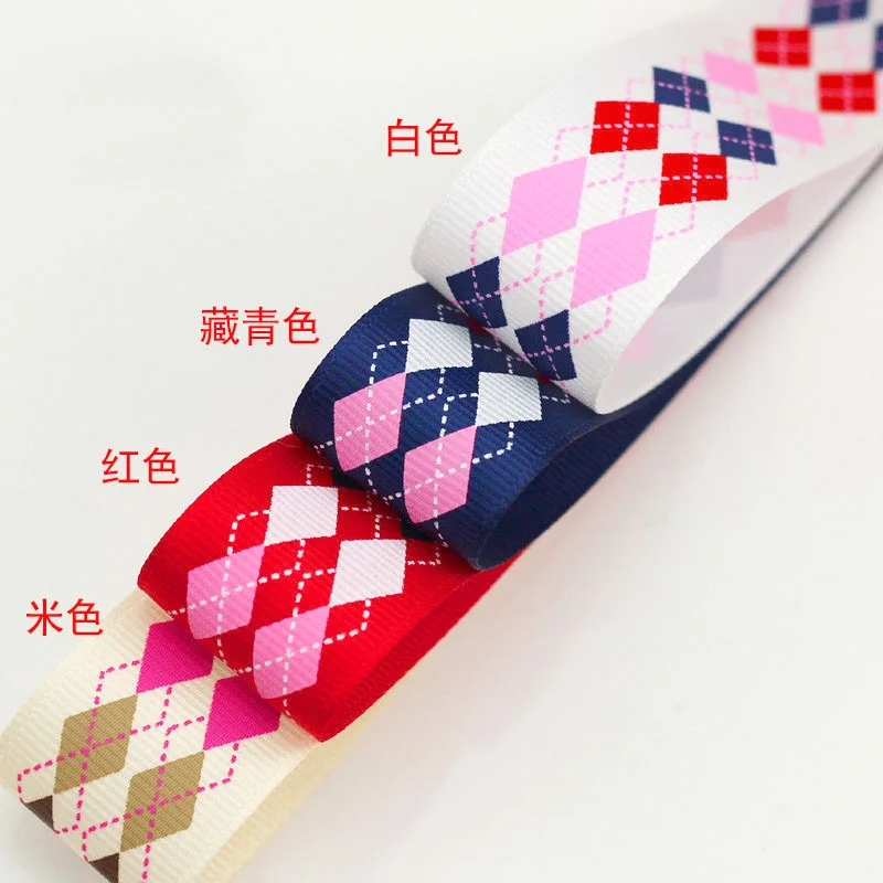 (1 Meter/lot) 25mm Rhombus Grid Printed Ribbon for DIY Wedding Home Decoration Gift Wrapping Christmas Ribbons Handmade Material