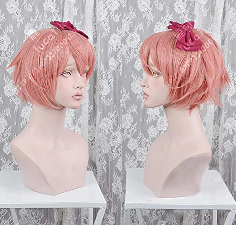 Doki Doki วรรณกรรม DDLC Sayori สั้นพีชสีชมพู Cos วิกผมความร้อนทนผมคอสเพลย์ Wigs กับโบว์