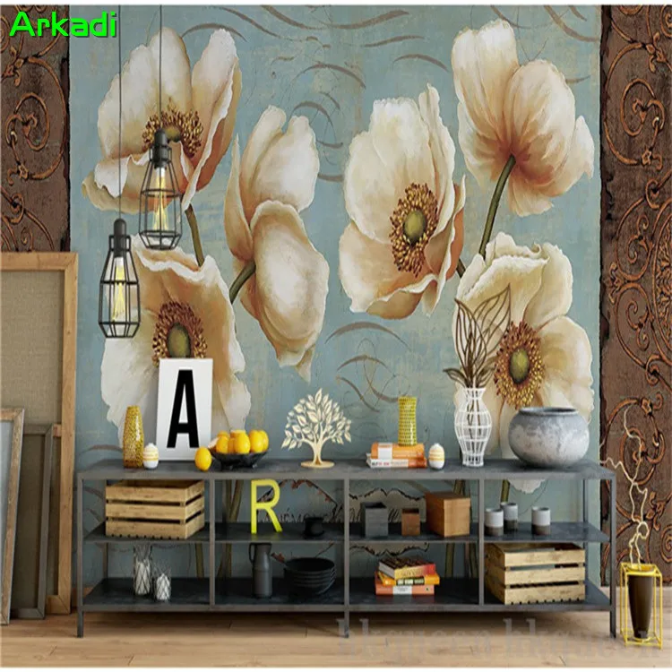 European pastoral personality wallpaper bedroom living room TV background custom mural retro hand-painted flowers elegant canvas