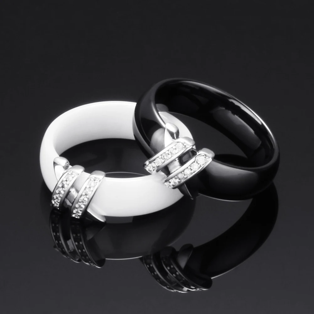 Best 6mm High Quality Black And White Simple Style Two Line Crystal Ziron Ceramic Rings For Women Fashion Jewelry Gift