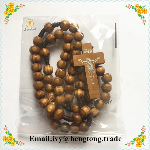 10pcs/pack wholesale cheap olive/pine wooden beads religious rosary, catholic rosary necklace with wooden cross