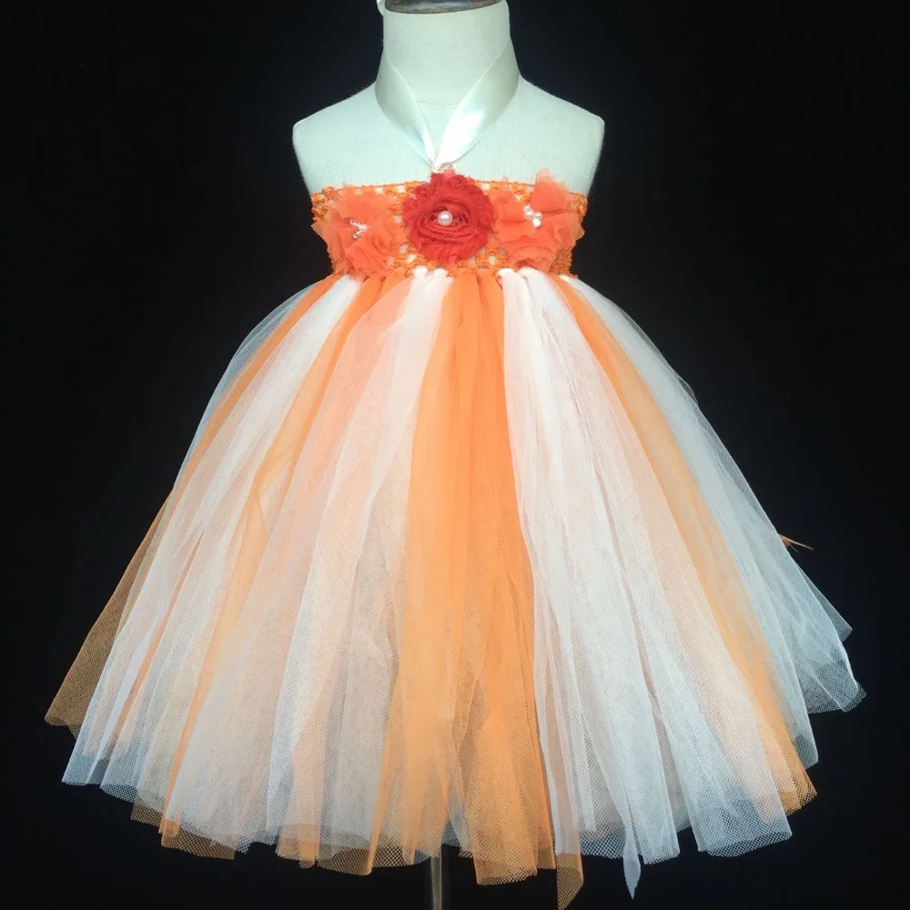 Girls Orange Tutu Dress Kids Fluffy Crochet Tulle Dress Ball Gown with Chiffon Flowers and Headband Children Wedding Party Dress