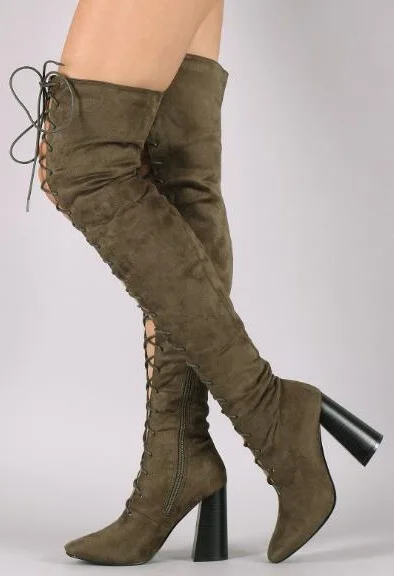 

Drop Shipping Woman Brand Army Green/Black/Nude/Brown Solid Color Cuts Out Cross Lace Up Front Rough Heels Over The Knee Boots