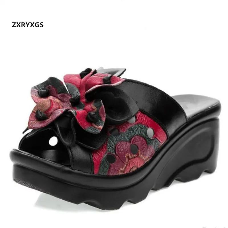 HOT Famous Flower Cowhide Women Slippers Sandals 2024 Newest Summer Fashion Sandals Platform Wedges Sandals Women Shoes Sandals