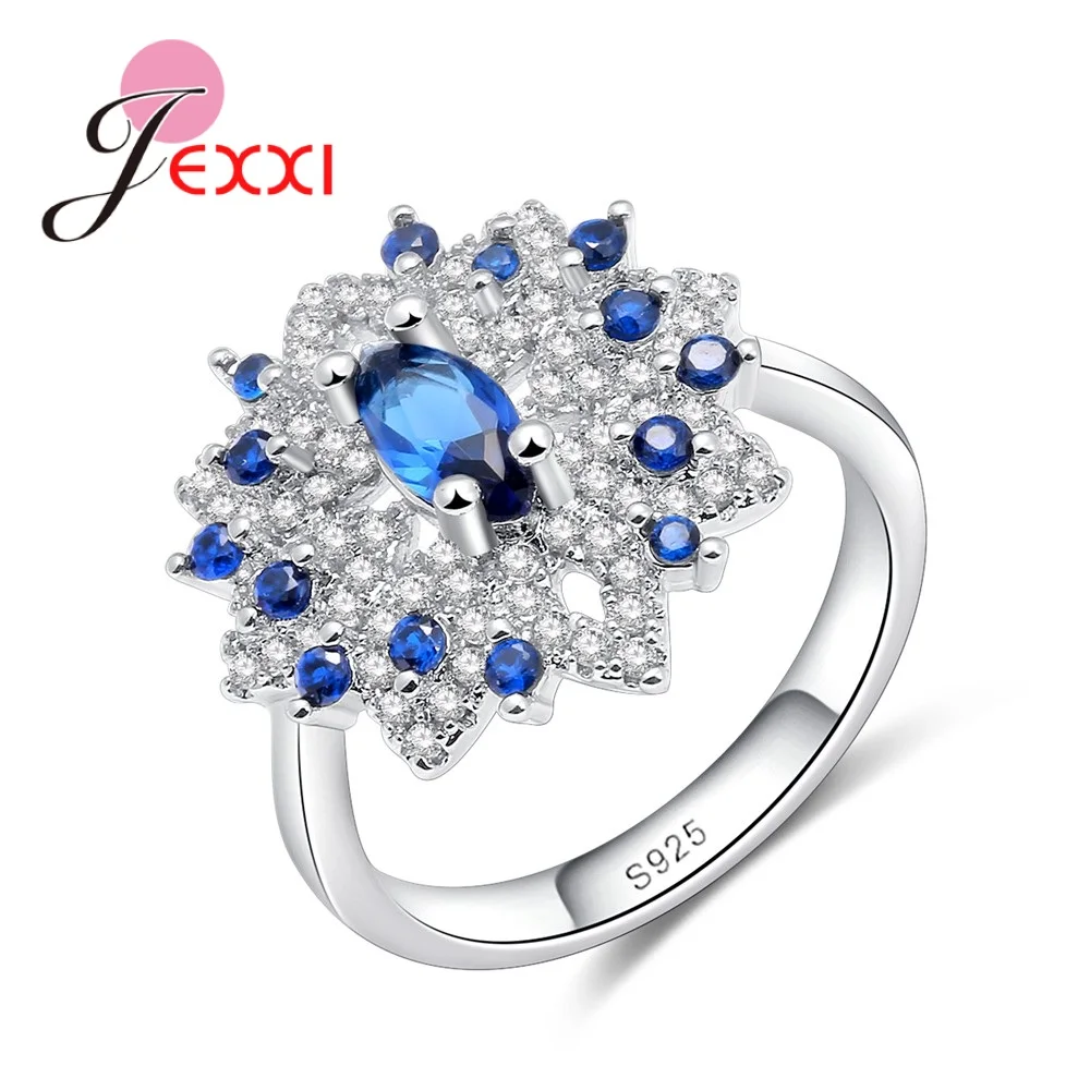 Gorgeous Real 925 Sterling Silver  Woman Finger Ring Blue White Crystal Sun Flower Jewelry For Wedding Party Engagement