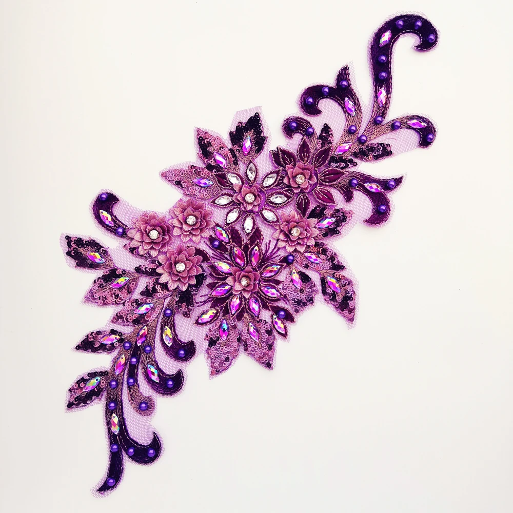 16x40cm 3D abiti da sposa in rilievo artigianato fai da te fiore strass di pizzo viola Applique cucito da sposa cucire sul vestito corpetto