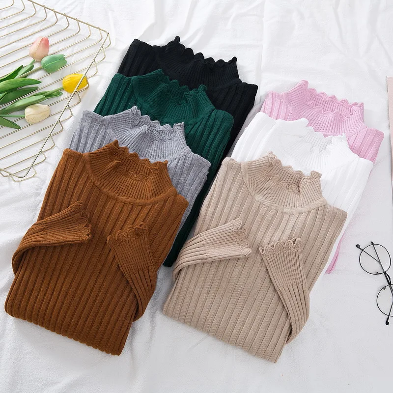 

New 2019 Knitted Turtleneck Sweater Fashion Women Autumn High Stretch Striped Pullover Long Sleeve Sweater Women Pull Femme L865