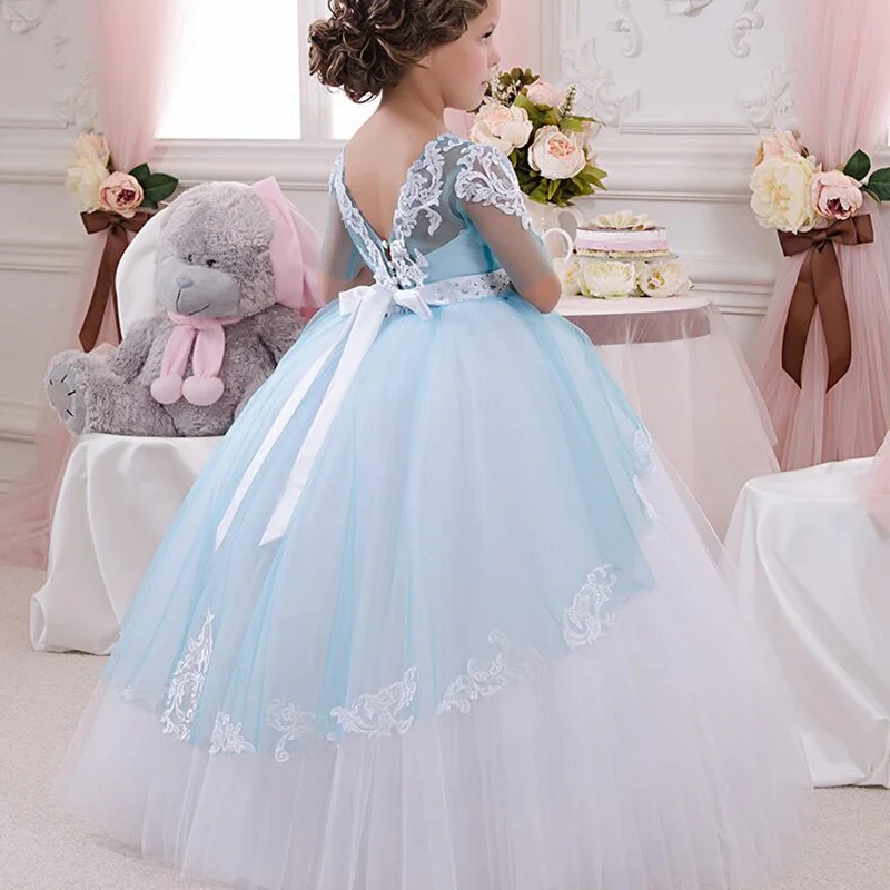 

Fluffy Flower Girl Dresses Lace Appliqué Tulle Half Sleeve belt Party Holy Communion Prom Princess Pageant Dresses