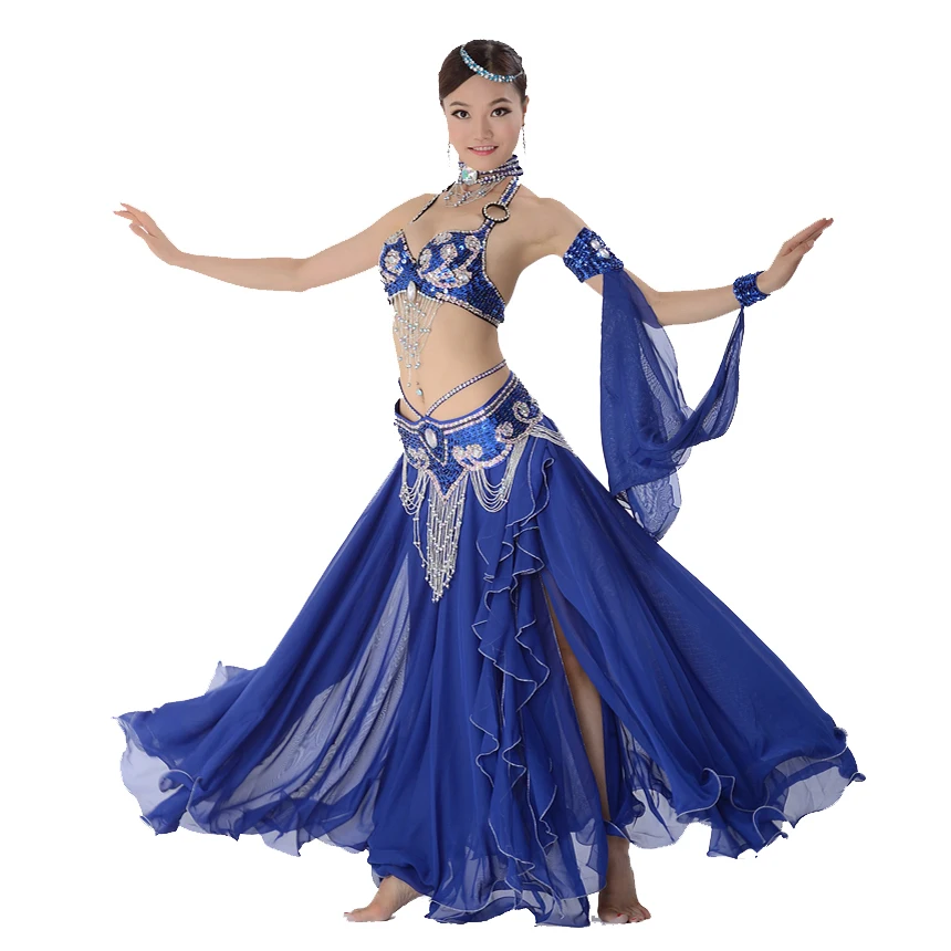 12 Colors Stage Performance Oriental Belly Dancing Clothes 3-piece Suit Bead Bra, Belt & Skirt Belly Dance Costume Set