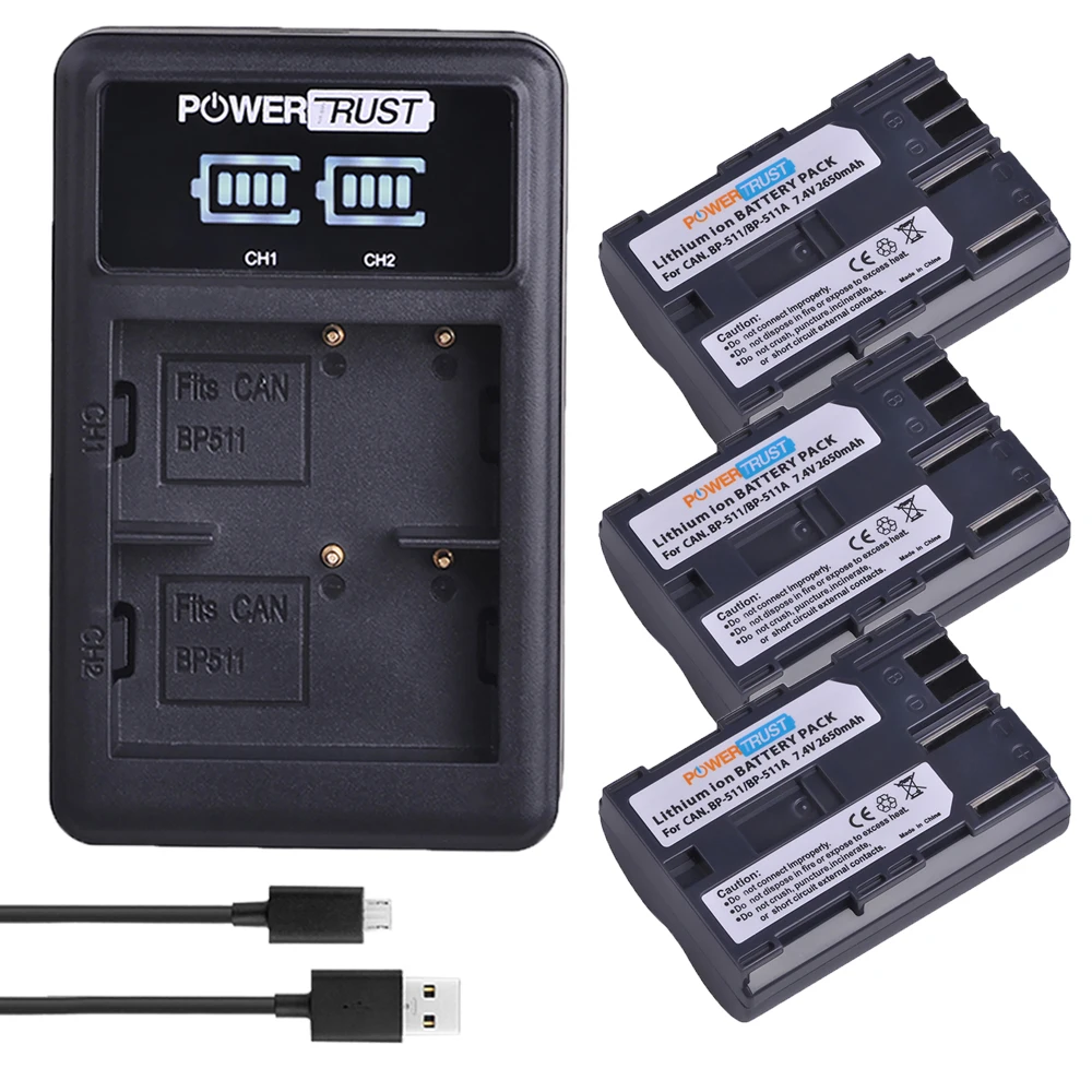 

Powertrust 3pcs BP-511A BP511 Replacement battery + LED USB Dual Charger for Canon G6 G5 G3 G2 G1 EOS 300D 50D 40D 30D 20D 5D