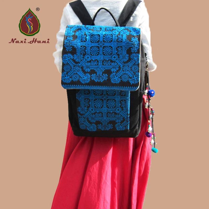 New brand embroidered bags for women Vintage Canvas backpacks Ethnic handmade cover travel backpacks Blue bags Work Backpack