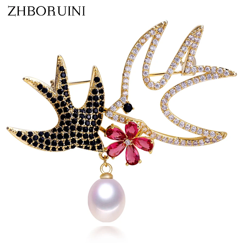 ZHBORUINI 2024 New Natural Freshwater Pearl Brooch Creative Animal Gold Swallow Brooch Pins Pearl Jewelry For Women Accessories