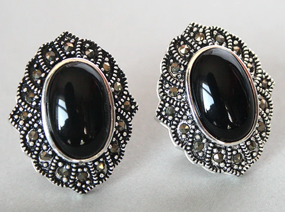 Hot selling VINTAGE 925 SILVER NATURAL BLACK stone MARCASITE STUD EARRINGS 1