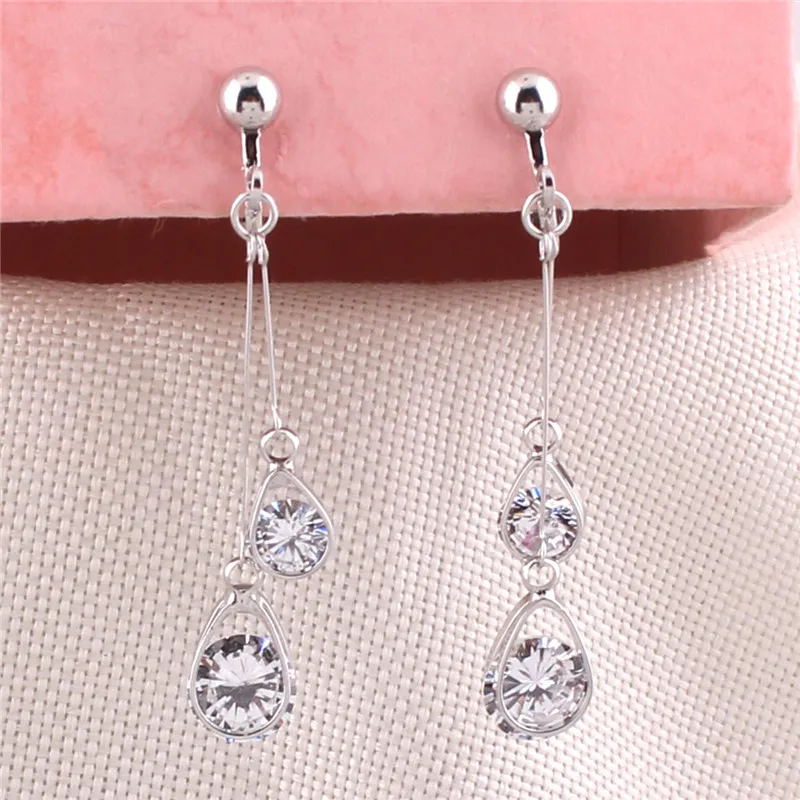 Grace Jun Korea Style CZ Double Water Drop Shape Clip on Earrings Non Piercing for Women Party Wedding Charm Jewelry Bijouterie