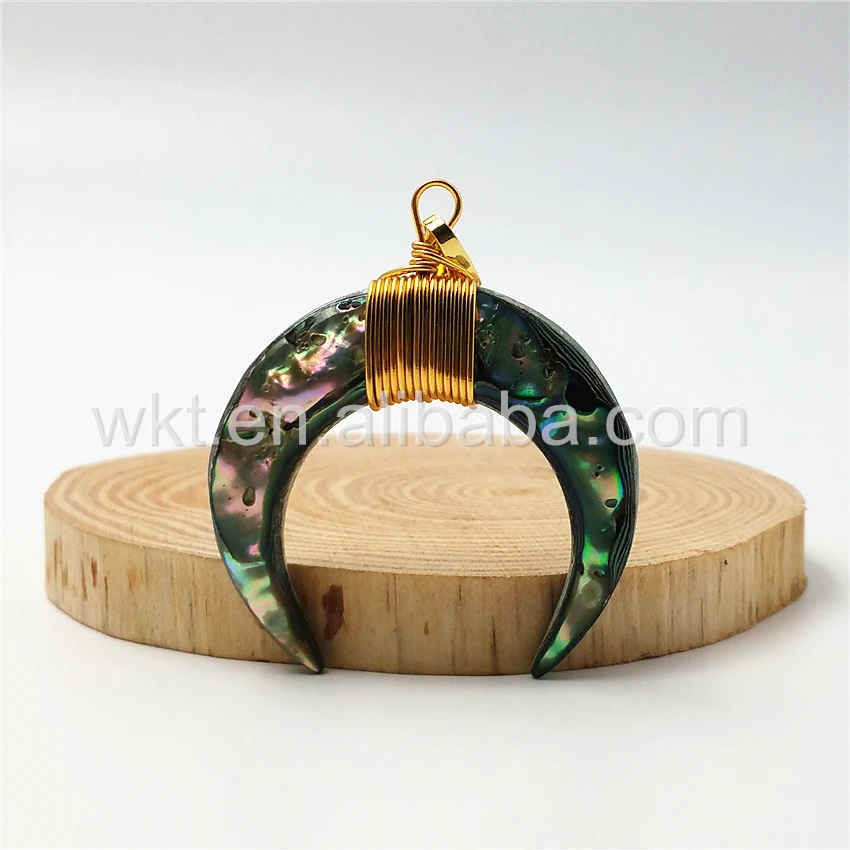 WT-P939 Hot sales Natural Abalone Crescent horn pendant handmake wire wrapped genuine Abalone shell horn pendant