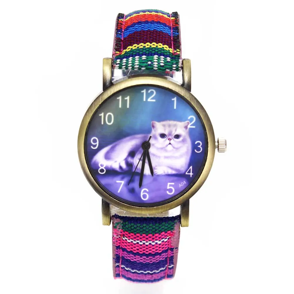 Cute Lucky Cat Pet Kitty Cheshire Cats Animal Quartz Watches Casual Women Ladies Girl Fashion Denim Stripes Wristwatch Watch